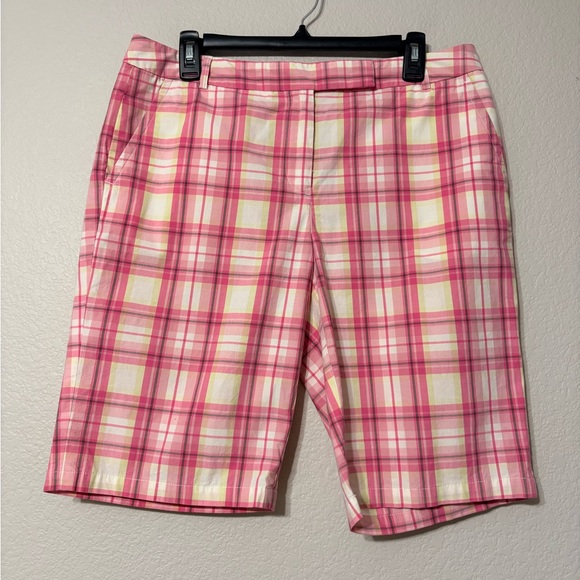 Talbots Pants - Talbots Vibrant Pink and Yellow Plaid Walking Shorts Pockets Side and Back. 10